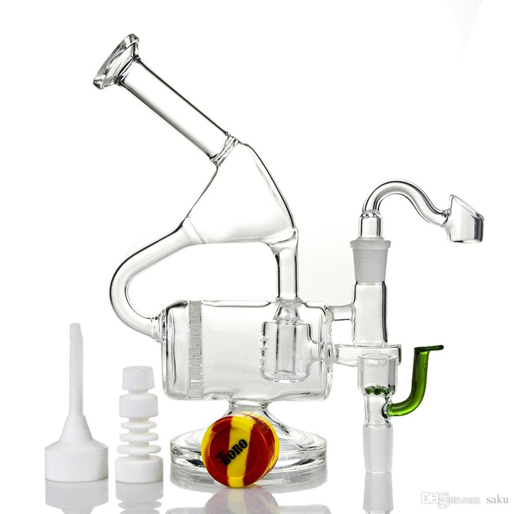 Oil Rigs Glass Bongs With Double Recycler Chamber Honeycomb Percolator Inline Perc 9 Inch Stand 14.5mm Joint WP143