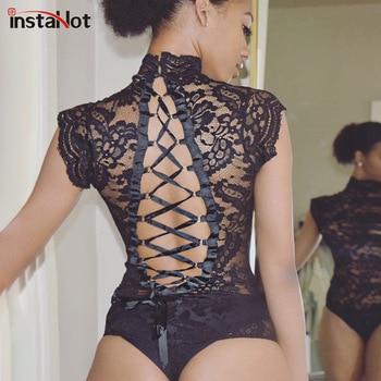 InstaHot Mesh Lace Bodysuit Women Sexy Backless Lace Up Sleeveless Rompers Party Club Ruffles Black White Slim Bodysuit 2019 New