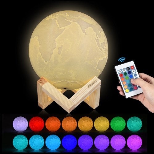 Aibecy 8cm/3.1in 3D Printed Earth Lamp LED Light 16 Colors RGB Adjustable Brightness Touch & Remote Control USB Recharge with Wooden Stand Festival Gift Home Western Restaurant Decorative Night Light