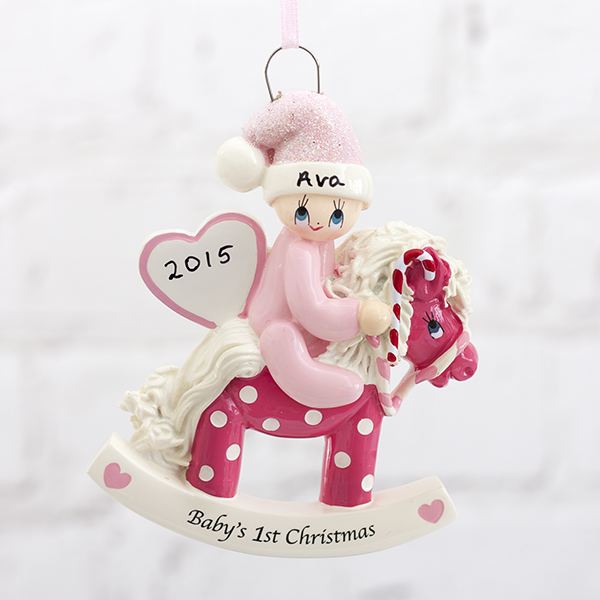 Personalised Baby's 1st Christmas Pink Rocking Horse Hanging Ornament