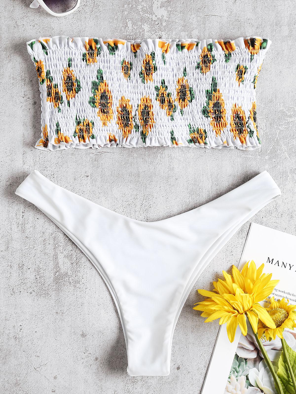 Sunflower Smocked Thong Bikini Set S White