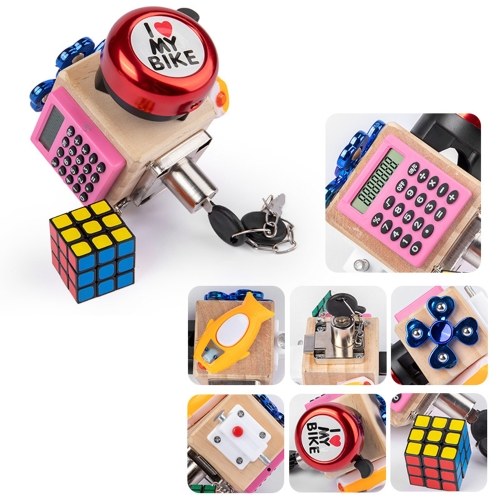 Busy Board Multifunktionsblock 7-in-1-Schlosskasten Kognitive Erleuchtung Musikfunktion & Rechner Holzblock Puzzle-Spiel Grundfertigkeiten Lernen (Typ 01)