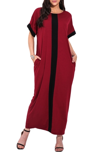 Fashion Women Plus Size Contrast Panel T-Shirt Dress O Neck Short Sleeve Casual Loose Maxi Dress