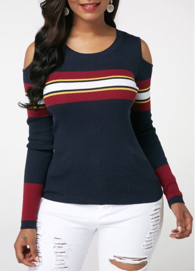 Long Sleeve Cold Shoulder Striped Sweater