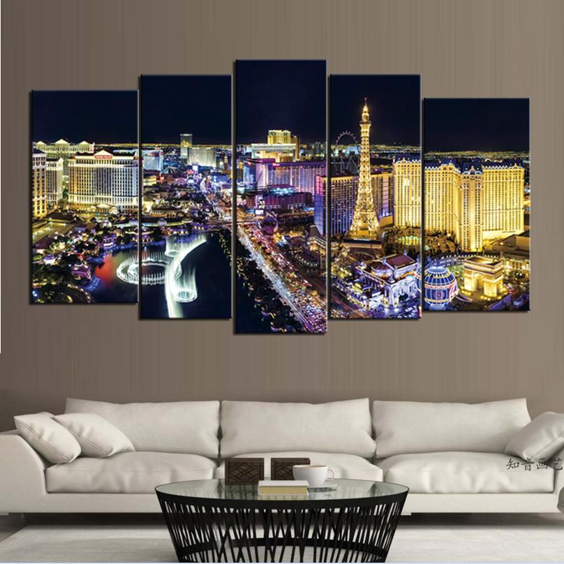 Night view of Las Vegas City Frameless Paintings 5pcs No Frame Printd on Canvas Picture