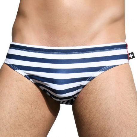 Andrew Christian Sailor Stripe Bikini Swim Brief - Navy - White L