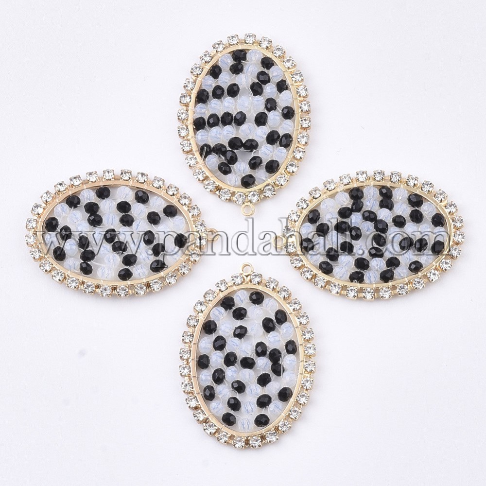 Handmade Woven Pendants, with Faceted Glass Beads, Crystal Rhinestone and Golden Plated Brass Findings, Oval, Black, 35x25x3mm, Hole: 1.4mm