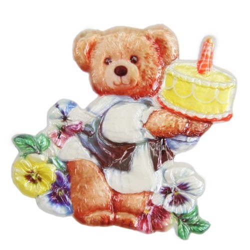 Wachsornament Teddy mit Torte, farbig, geprägt, 7,5 x 7,5 cm