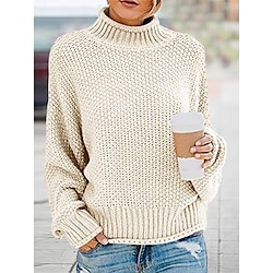 Women's Pullover Sweater Jumper Turtleneck Waffle Knit Cotton Oversized Fall Winter Regular Outdoor Daily Going out Stylish Casual Soft Long Sleeve Solid Color White Pink Wine S M L Lightinthebox