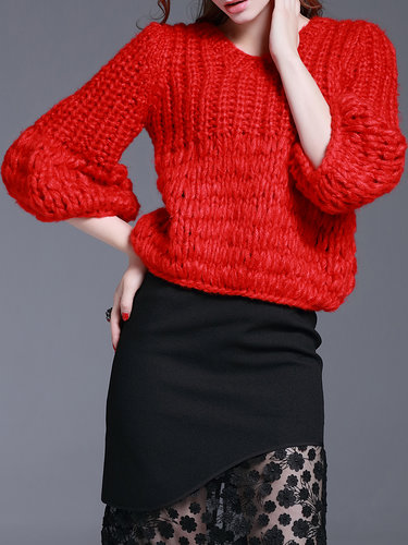 Red H-line Balloon Sleeve Knitted V Neck Sweater