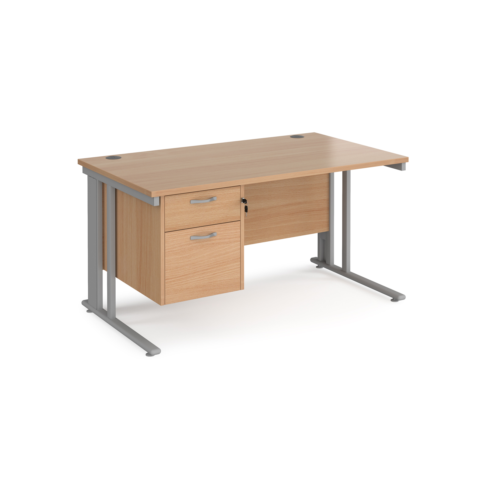 Maestro 25 straight desk 1400mm x 800mm with 2 drawer pedestal - silver cable managed leg frame, beech top
