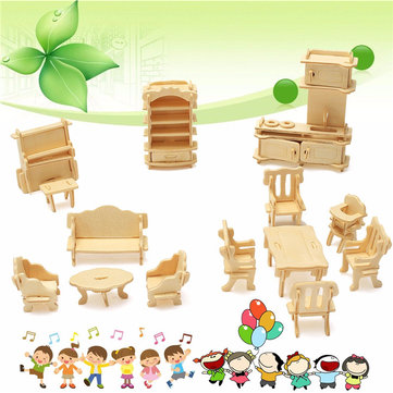 34 Pcs 3D DIY Wooden Miniature Dollhouse Furniture Model Unpainted Suite Intelligence Toys