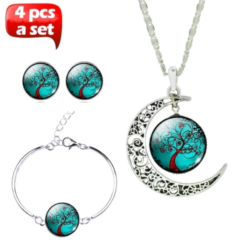 Glass Cabochon Necklace & Earrings & Bangle Set (Totally 4 pcs) Colorful Life Tree Art Picture Pendant Statement Chain Crescent Moon Necklace Stud Earrings Bracelet Bangle Set for Women's Jewelry Cyan