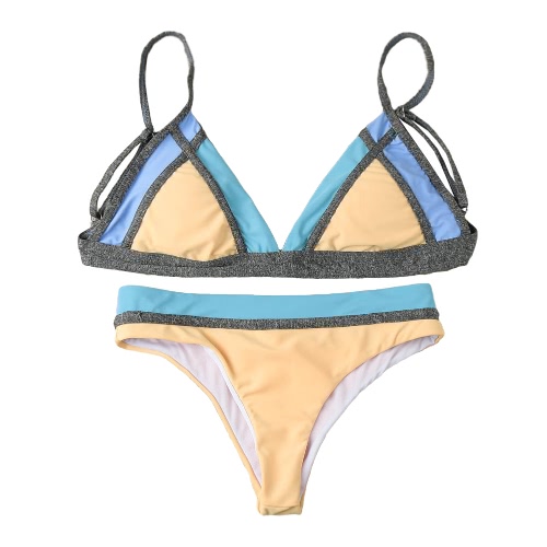 Sexy Women Bikini Set Contrast Color Block Self-Tie Bandage Padded Swimwear Beach Swimsuit Bathing Suit Blue