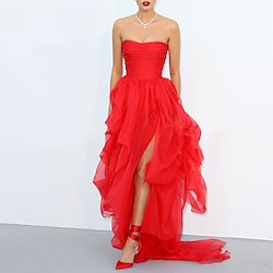 A-Line Celebrity Style Empire Engagement Formal Evening Birthday Dress Strapless Sleeveless Court Train Tulle with Ruched Ruffles Slit 2022 Lightinthebox