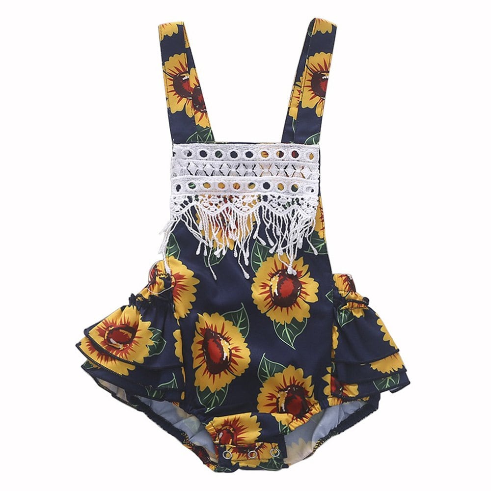 1267 Girls Cotton Sunflower Flower Print Tassel Romper Jumpsuit