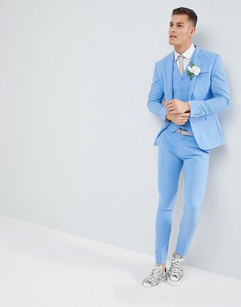 Light Sky Blue Three Pieces Mens Suits Slim Fit Groomsmen Wedding Tuxedos For Men Blazers Notched Lapel Prom Suit (Jacket+Pants+Vest)