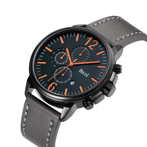 Bolisi Fashion Casual Quartz Watch 3ATM imperméable à l'eau Montre Homme Montre-bracelet en cuir véritable Calendrier Calendrier Homme