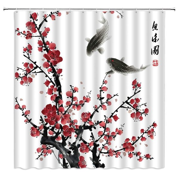 Plum Blossom Shower Curtain Asian Style Ink Painting Flral Fish,70x70 Inch Polyester Fabric Bathroom Accessories Curtains with