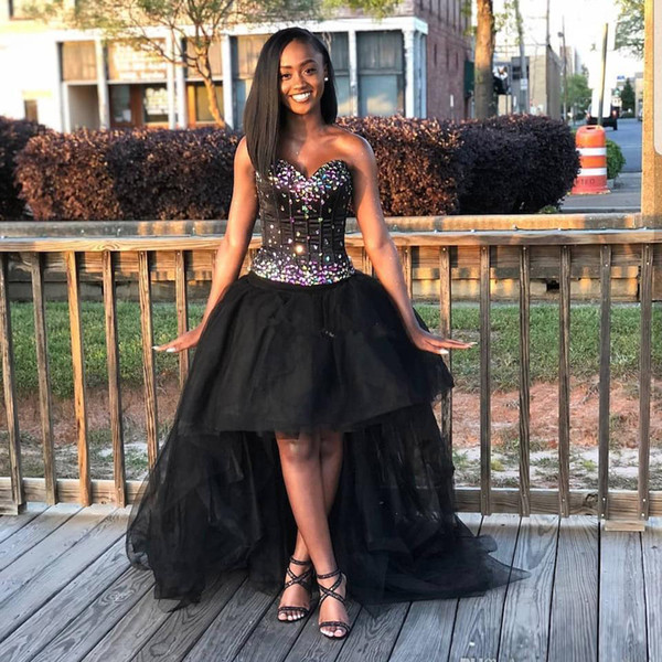 Sexy Sweetheart Black Girls Homecoming Dresses Shining Rhinestones Hi-Lo Lace Up Backless Evening Party Dresses Sleeveless Prom Gowns