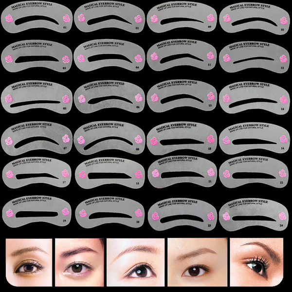 wholesale- 24 pcs pro reusable eyebrow stencil set eye brow diy drawing guide styling shaping grooming template card easy makeup beauty kit