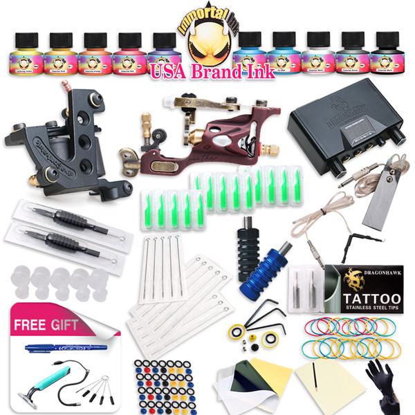 Top Free Ship Complete Tattoo Kit Rotary Tattoo Machine Coils Machine Hot Sales Dragonhawk Power Supply 10 Colors USA Ink Set