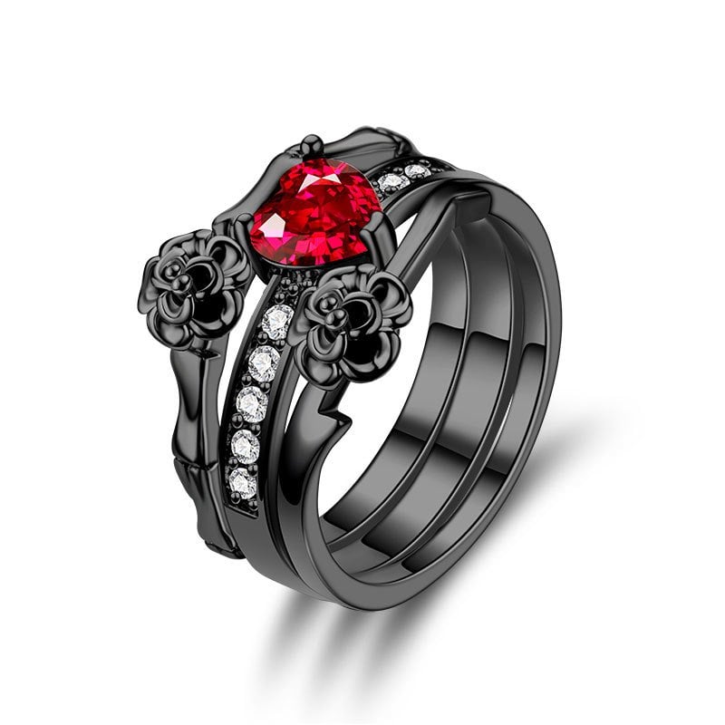 Red Crystal Black Rose Flower Ring Women'S Ring Set Wedding Jewelry