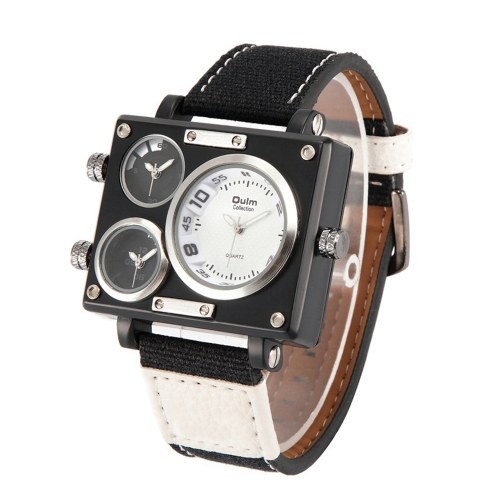OULM Reloj de negocios para hombres Reloj de cuarzo de lujo con banda de lona Reloj con tres zonas horarias y reloj deportivo