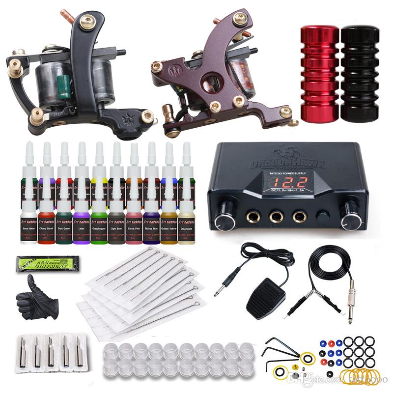 Beginner Tattoo Kit 2 Machines Coils Guns Power Supply 20 Colors Inks Set Disposable Needles Tips Grips