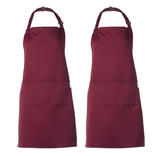 Esonmus 2pcs/set Adults Polyester Kitchen BBQ Restaurant Apron with Adjustable Neck Belt 2 Pockets for Cooking Baking Gardening for Men Women--Red