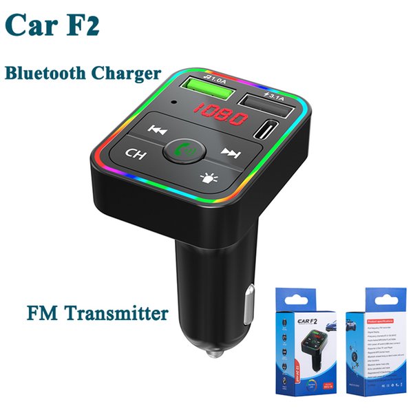 Car F2 Charger BT5.0 FM Transmitter Dual USB Fast Charging PD Type C Ports Handsfree Audio Receiver Auto MP3 Player for Cellphones