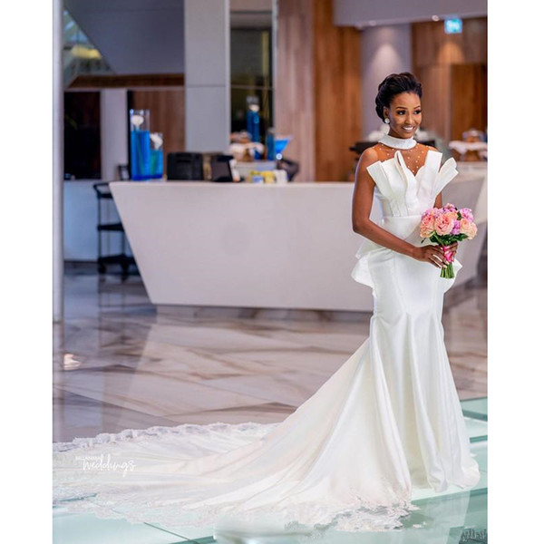 Graceful High Neck See Through Back Satin Wedding Dresses Lace Appliques Pearls Wedding Gowns Long Train Africa Bridal Gowns