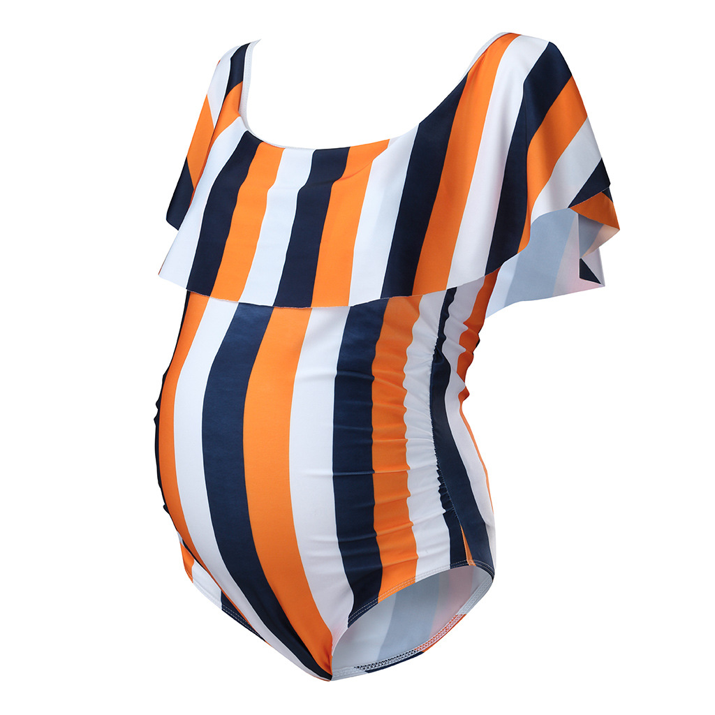 Stylish Striped Flounced Maternity One-piece Swimsuit