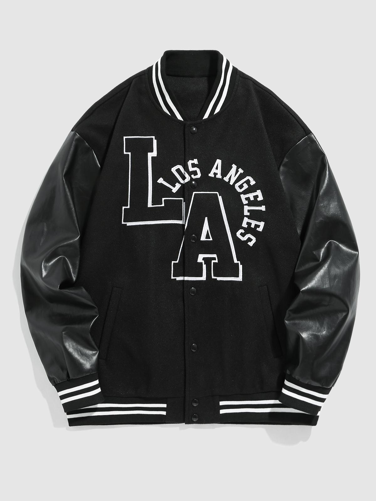 ZAFUL Men's Letter LOS ANGELES Embroidery PU Leather Spliced Baseball Varsity Jacket Xxl Black