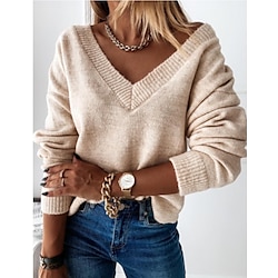 Women's Sweater Pullover Jumper Knitted Solid Color Stylish Elegant Casual Long Sleeve Regular Fit Sweater Cardigans V Neck Fall Winter Green Black Gray / Holiday / Going out Lightinthebox