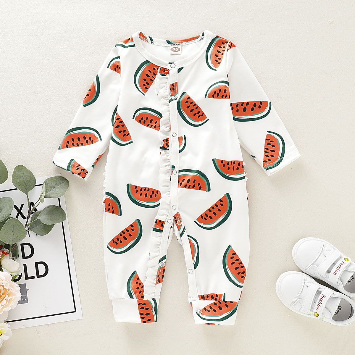 Baby Watermelon Allover Long-sleeve Jumpsuit