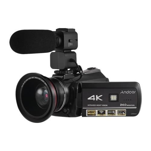 Andoer AC3 4K UHD 24MP Digital Video Camera Camcorder with Extra 0.39X Wide Angle Lens + External Microphone