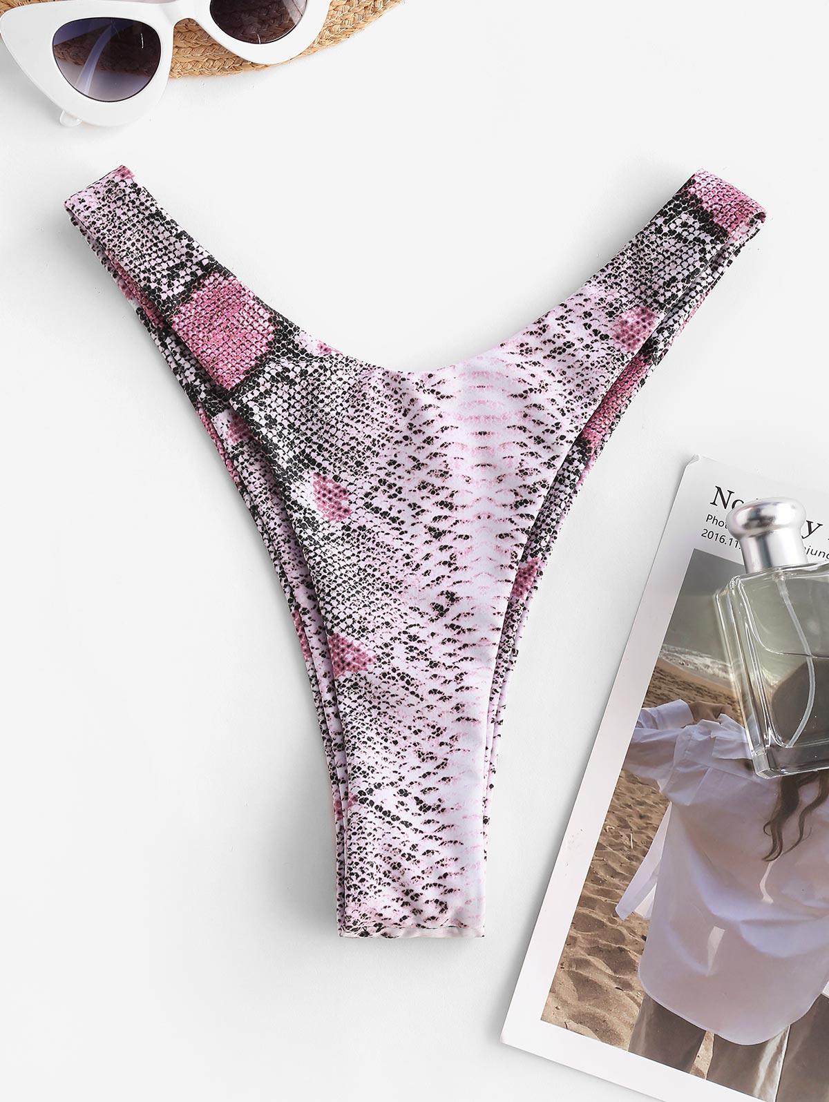 ZAFUL Snake Print High Leg Thong Bikini Bottom M Light pink