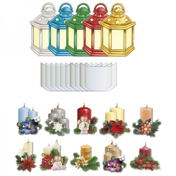 3-D Sichtfolien-Grußkarten "Laterne", inkl. 3-D Motive Kerzen "Winterzeit" & ...