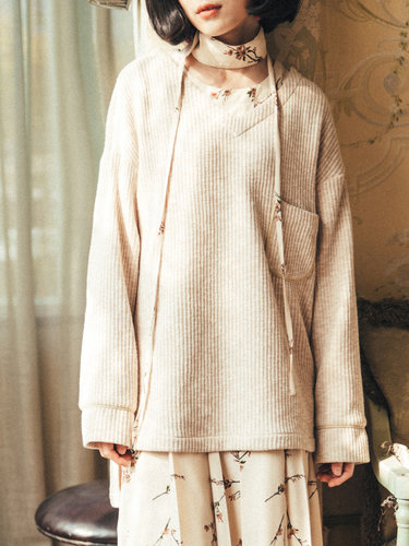 Apricot Knitted Long Sleeve Pockets H-line Sweater