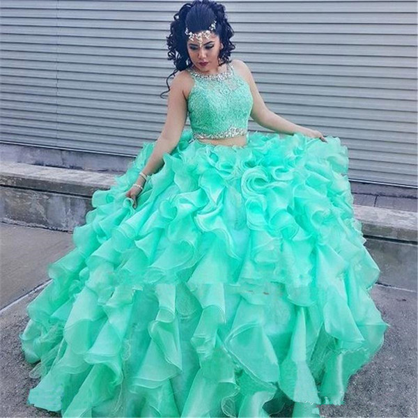 2021 Mint Lace Quinceanera Dresses 2 Piece Ball Gown Princess Puffy Ruffle Masquerade Sweet 16 Dresses Prom Girls vestidos de