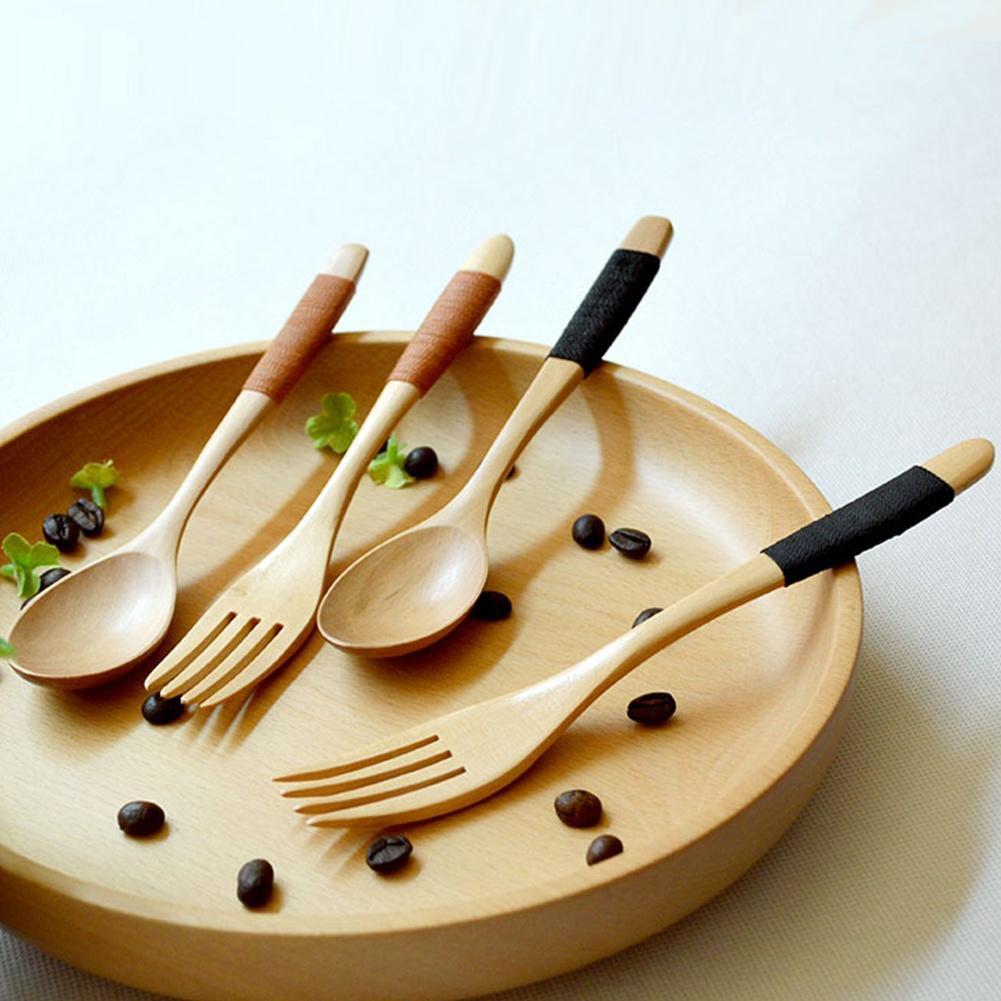 Wood 2 Pcs Spoon And Fork Dinnerware Sets Flatware Sets Wooden Spoon Fork Environmental Protection Flatware Set Kitchen