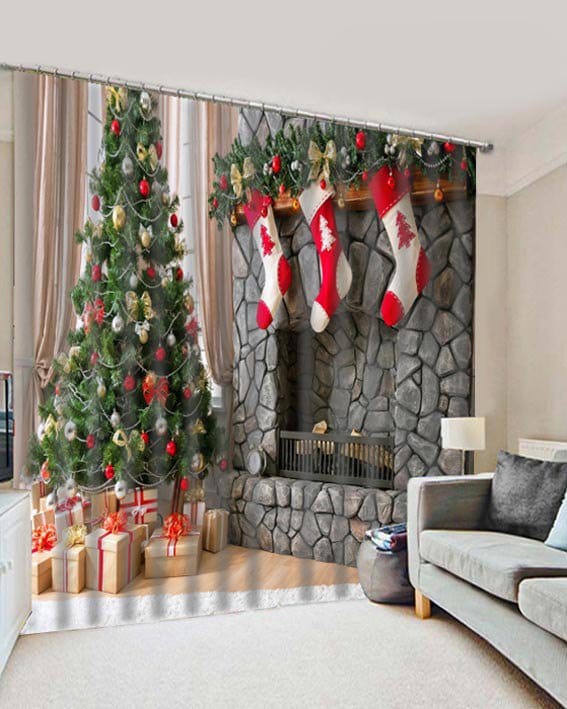 2Pcs Christmas Stove and Socks  Printed Window Curtains