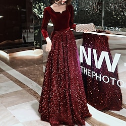 A-Line Glittering Elegant Prom Formal Evening Dress Scoop Neck Long Sleeve Floor Length Velvet with Sash / Ribbon Sequin 2022 Lightinthebox