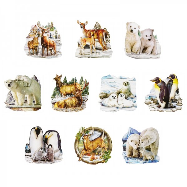 3-D Motive, Tiere im Winter 2, Gold-Gravur, 7,5-8 cm, 10er Set