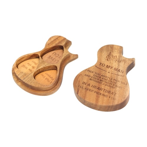 Support de boîte de sélection de guitare en bois Forme de guitare 3 compartiments Pagaies Conteneur en bois avec 3 pics en bois d'olivier