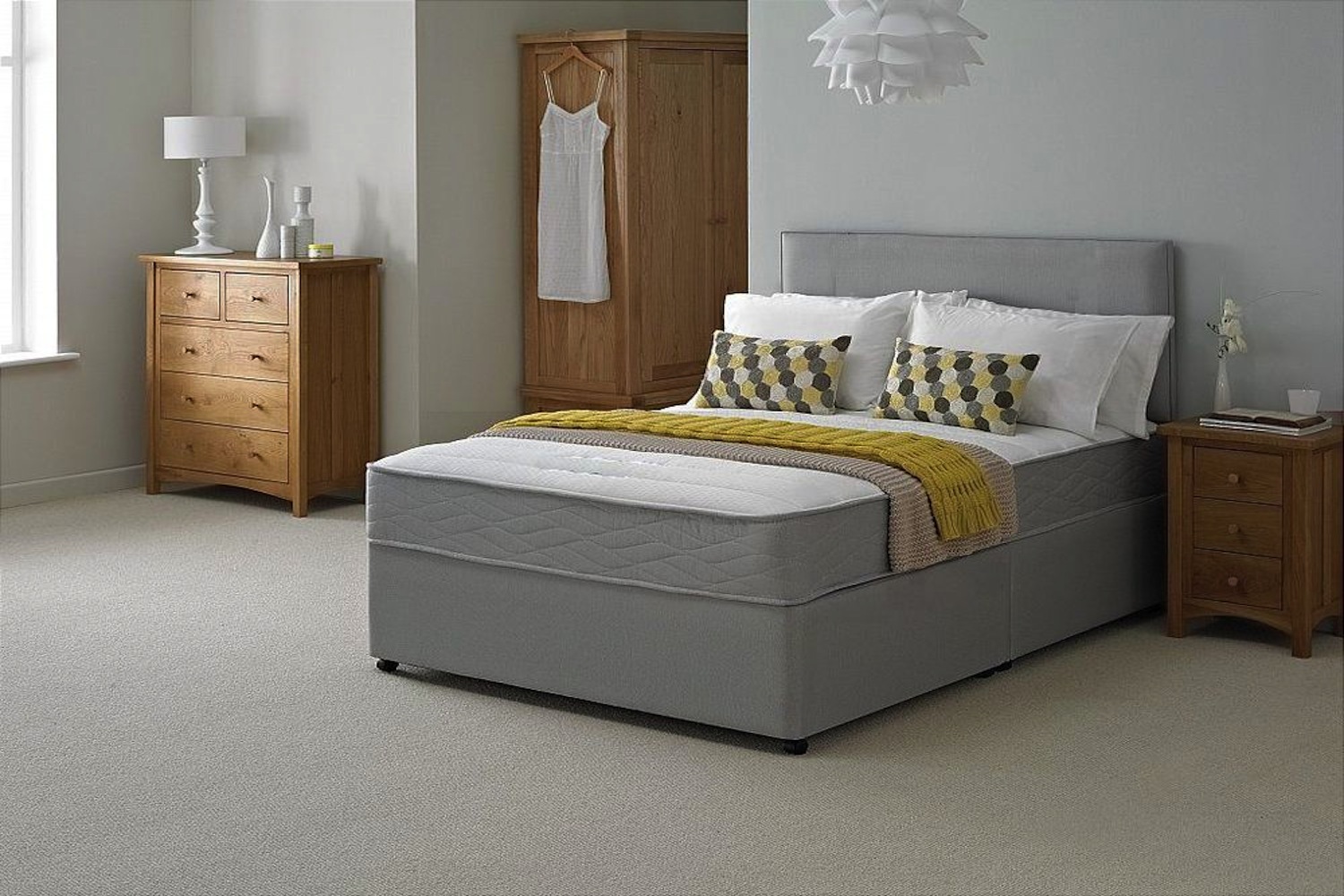ChelseaGrey Fabric Divan Set with Headboard and Comfort Spring Memory Foam Mattress-Super King Size-4 Drawers