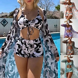 Women's Swimwear Bikini Normal Swimsuit 3-Piece Graphic Black Blue Dark Green Purple Orange Bathing Suits Sports Summer Lightinthebox