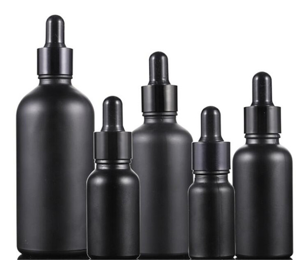 Wholesale 30 ml 50 ml 100ml Frosted Black glass dropper bottle empty essential oil bottles with black cap for cosmetic packaging