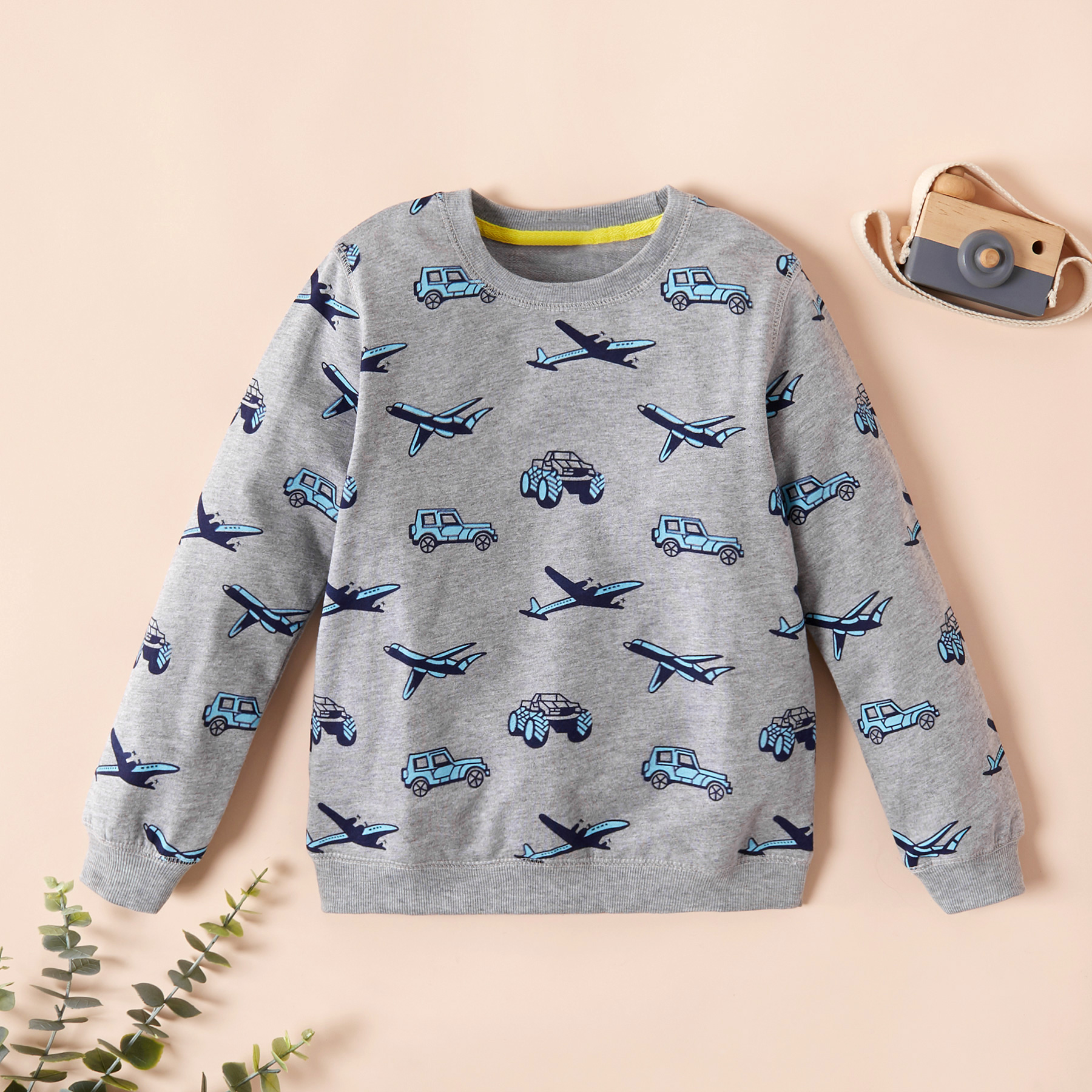 Fashionable Cartoon Car and Plane Allover Print Long-sleeve Sweatershirt